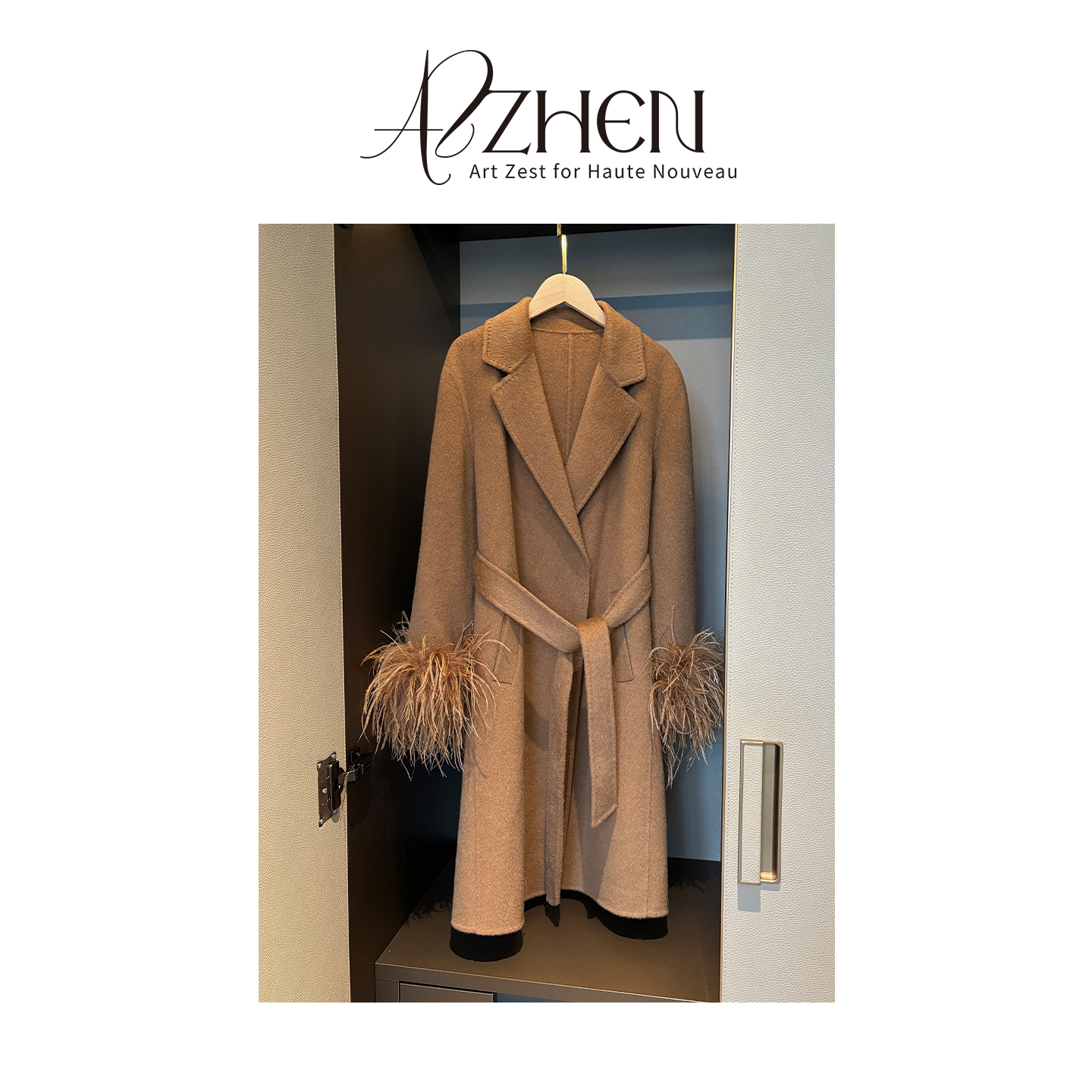 AZZHEN【伦敦缔约】鸵鸟毛双面呢大衣冬新款骆驼绒西服领毛呢外套