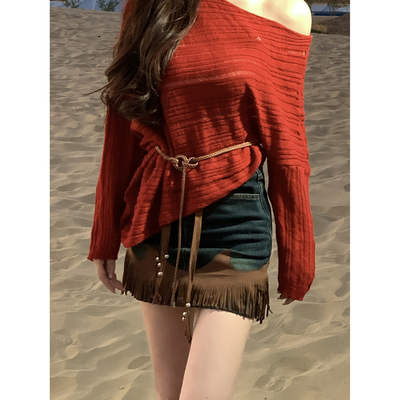 流苏拼接牛仔半身裙女