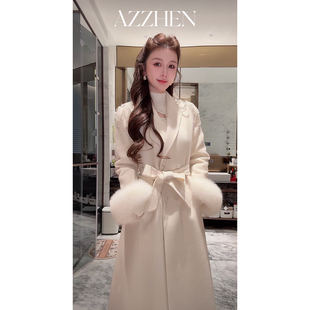 AZZHEN【雪国漫游】极简风翻领毛毛袖长款毛呢大衣女束腰外套黑标