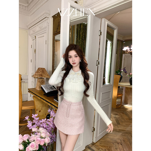 AZZHEN【人间梦露】嗲嗲千金风针织拼接蕾丝网纱娃娃领长袖打底