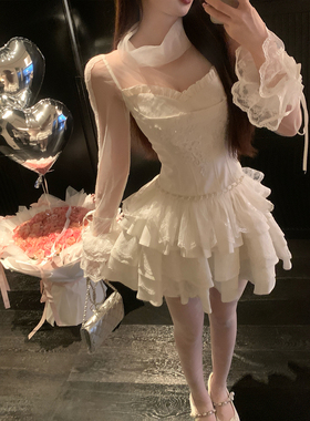 AZZHEN【薄暮纱影】重工亮片蕾丝半身裙女高腰拼接蛋糕裙