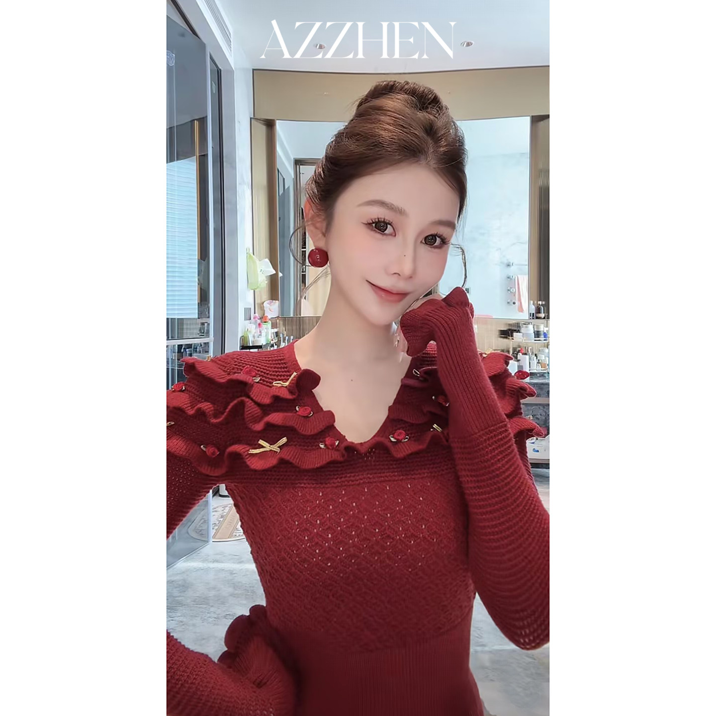 AZZHEN【倾心甜序】复古木耳边V领针织衫气质设计感修身打底