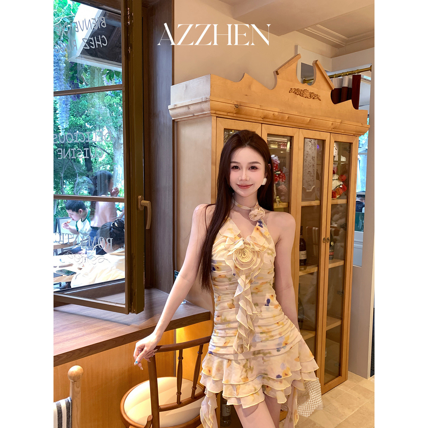 AZZHEN【山野逸梦】雪纺挂脖吊带印花挂脖连衣裙,女装/女士精品,连衣裙,淘宝优惠券,粉丝福利购,淘宝优惠卷