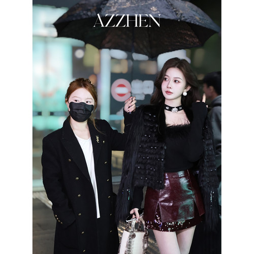 AZZHEN【千金晚宴】轻奢气质进口银狐毛拼接水貂毛皮草外套