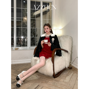 AZZHEN【高智M*U系】撞色兔毛皮草外套年会穿搭定染翻领短款皮草