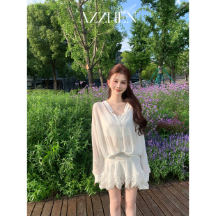短裙套装 飘逸松弛感蕾丝衬衫 慵懒云雾 AZZHEN