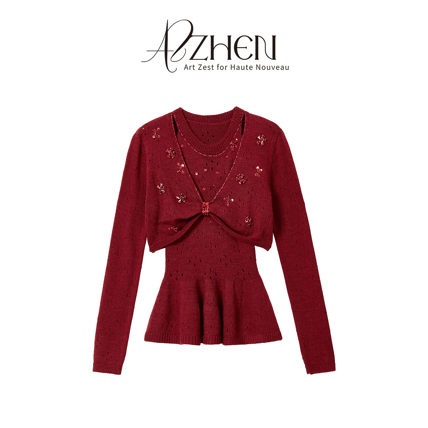 AZZHEN【派对焦点】蝴蝶结挂脖针织衫两件套秋冬新款毛衣含羊毛