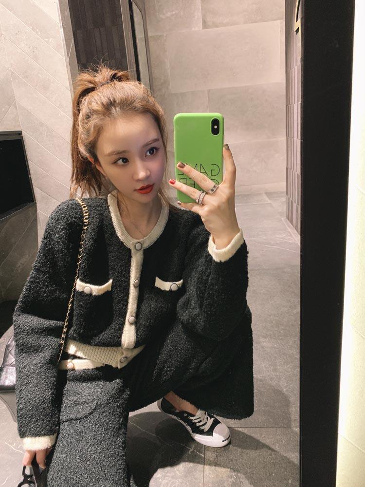 Mrs Qian socialite contrast color wool cardigan jacket jacket women's knitted short temperament round neck wool coat