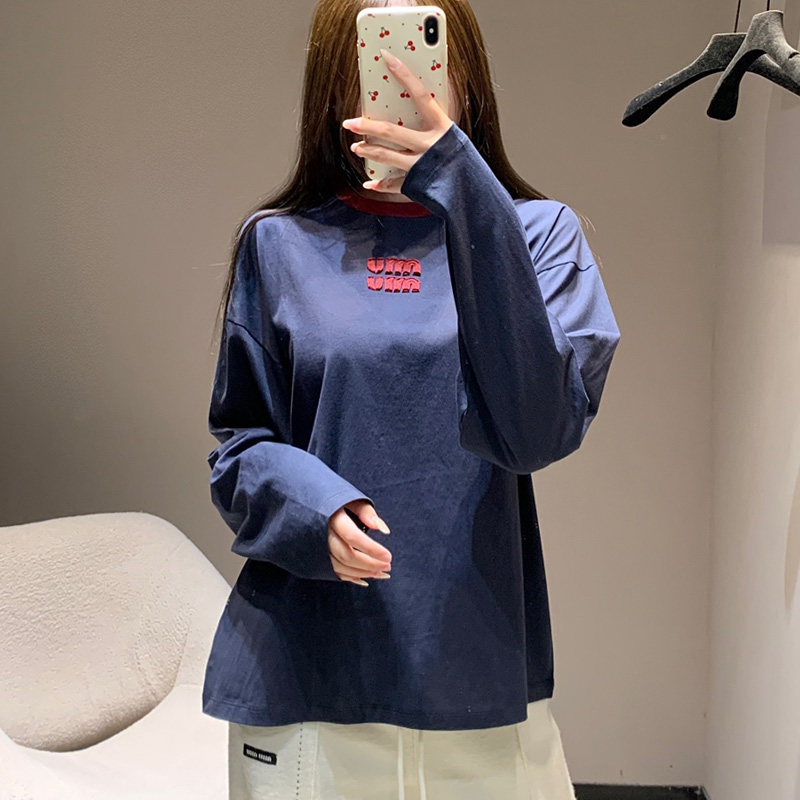 蓝色长袖T恤女2026早春新款拼接圆领时尚贴布字母宽松打底衫上衣