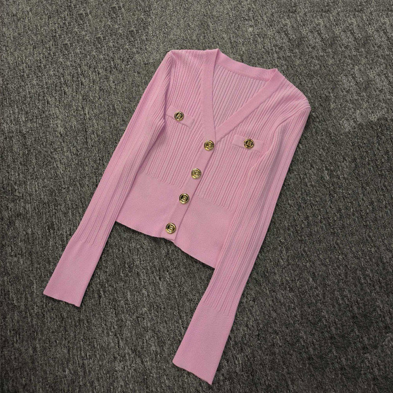 针织金属扣V领外搭修身上衣