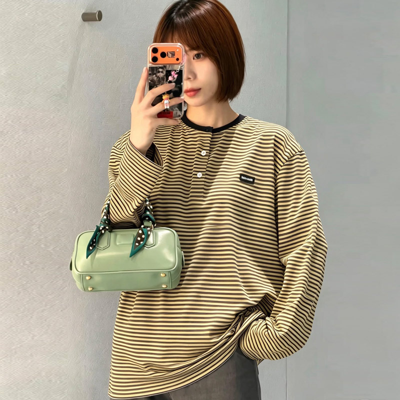 2026秋新军绿减龄条纹长袖T恤女