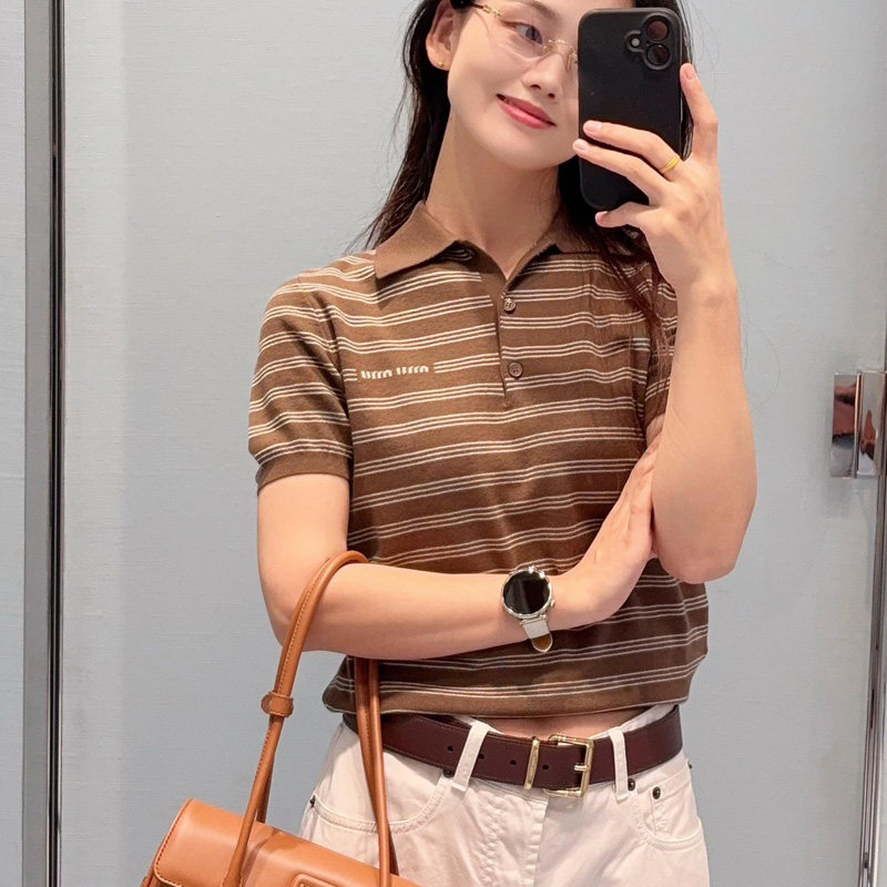 秋季新款条纹修身羊绒polo衫女装