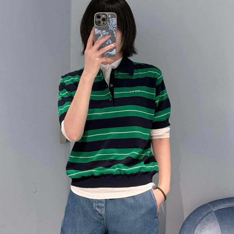 夏季绿色条纹POLO领修身短袖上衣