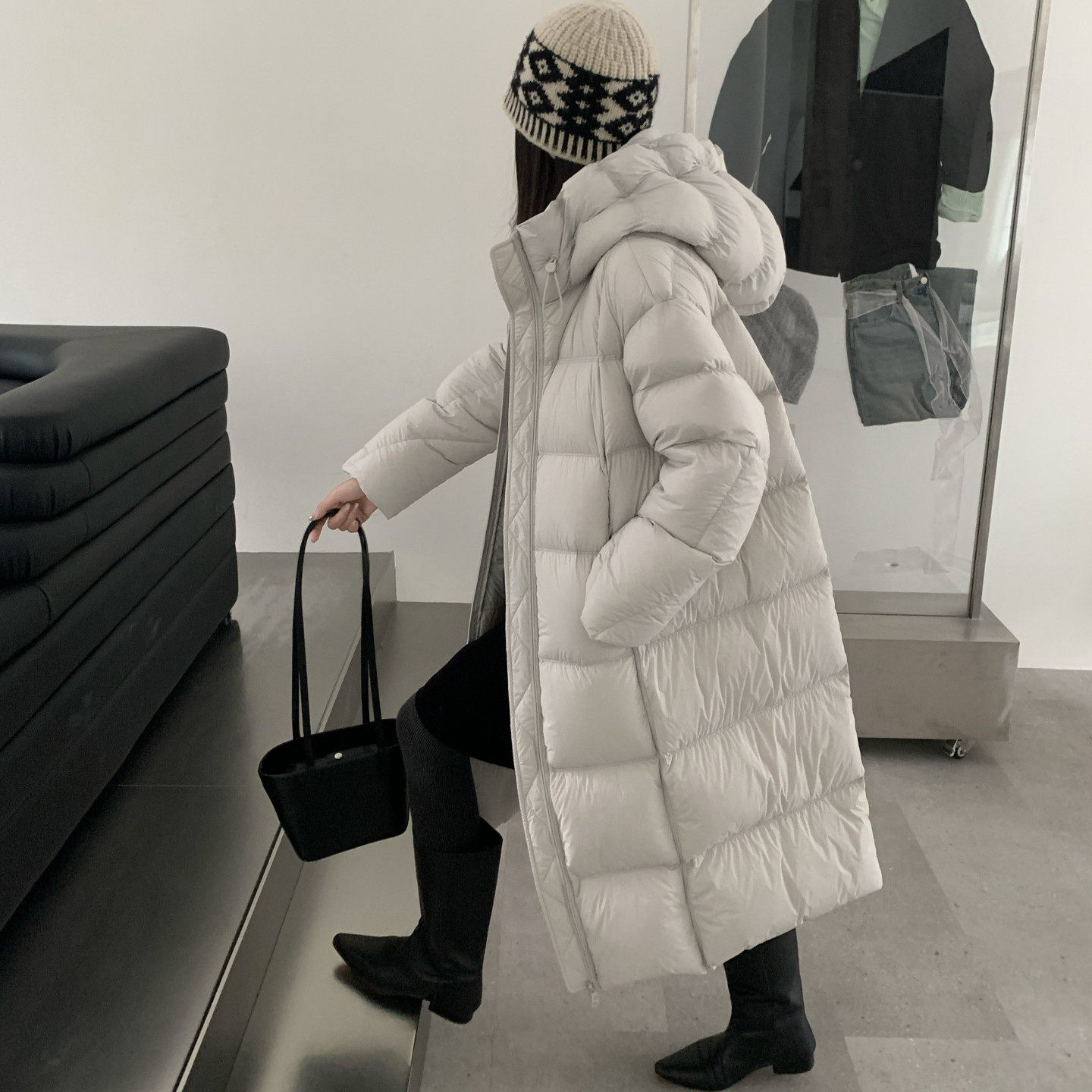 专柜正版2025冬季韩版豆腐块连帽羽绒服女中长款保暖90白鸭绒外套