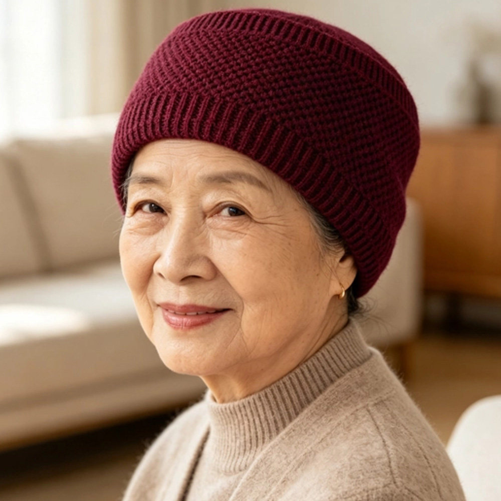 户外平顶手工针织毛线帽女老年奶奶加厚防风保暖防风妈妈帽秋冬款