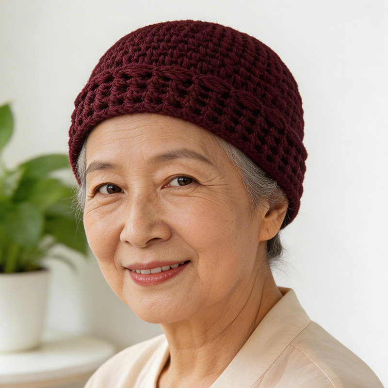 纯手工编织针织帽春夏季单层薄款保暖毛线帽妈妈奶奶镂空包头帽秋