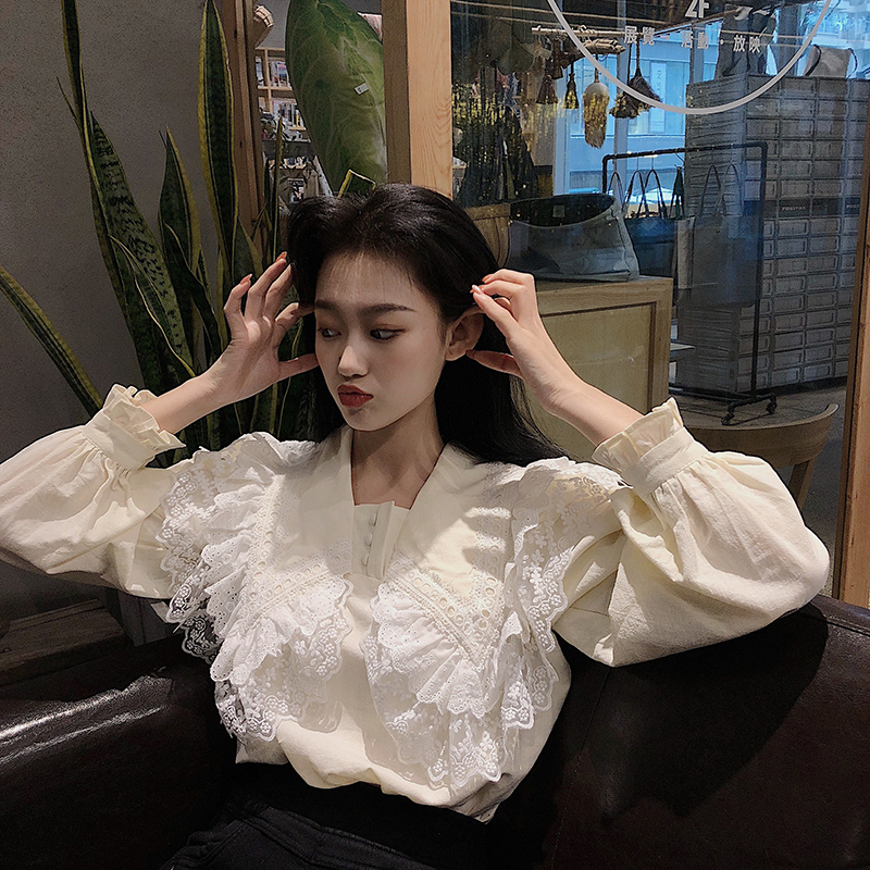 Real price autumn and winter new long sleeve lace patchwork lotus Shirt Top