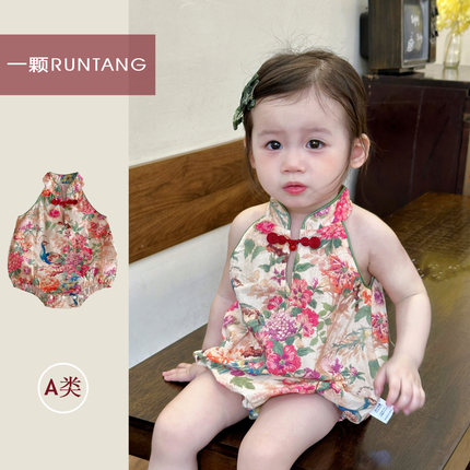 女宝宝中国风薄款包屁衣婴儿夏季衣服新中式吊带印花连体哈衣爬服