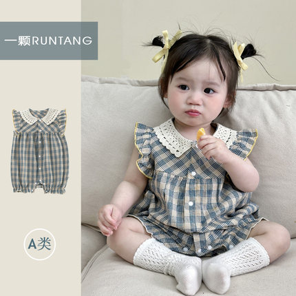 婴儿衣服夏薄款花边格子连体衣女宝宝洋气哈衣飞袖包屁衣外出爬服