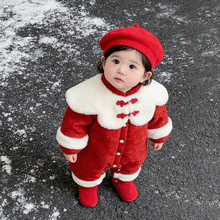 婴幼儿连体衣新中式爬服宝宝加绒夹棉衣服百天周岁礼服冬装拜年服