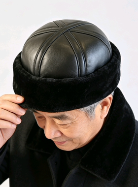 真皮老年人帽子男冬季防寒保暖棉帽老头地主帽加厚加绒爷爷羊皮帽