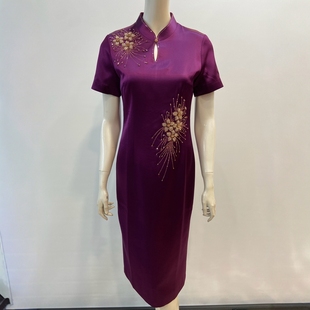 结婚礼服喜妈妈春夏装优雅改良醋酸缎旗袍裙显腰身短袖连衣裙