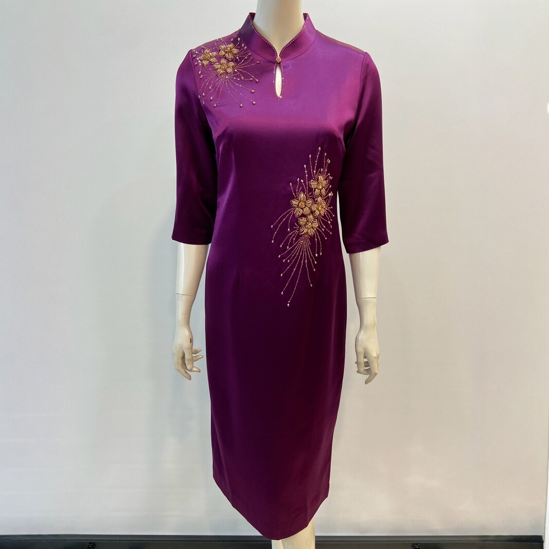 高端气质喜妈妈婚礼服高贵国风改良旗袍七分袖春秋装醋酸缎连衣裙