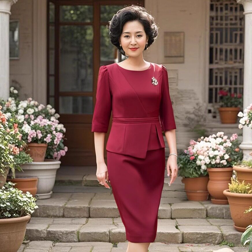 喜婆婆婚庆晚礼服敬酒宴会妈妈装连衣裙高级感遮肚显瘦修身假两件