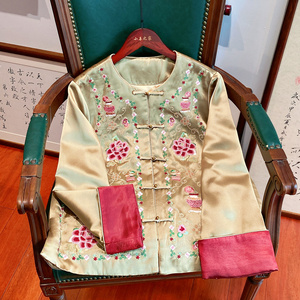 小善之家冬季加厚夹棉国风新中式醋酸锻刺绣棉服对襟唐装棉袄上衣