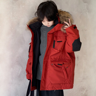 韩国男童工装2025冬季新款极寒真毛领儿童羽绒服女童白鸭绒冲锋衣