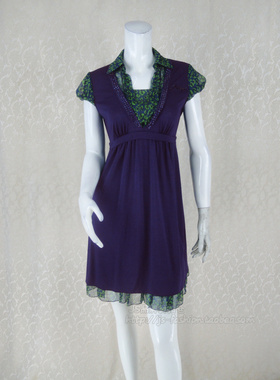 140元2件清仓!裘T诺 女夏翻领烫钻印花盖肩袖显瘦连衣裙411213E