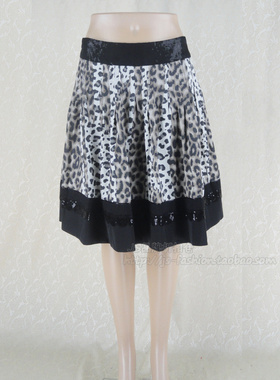 100元2件清!蕾D 女夏豹纹印花亮片绣A裙短裙伞裙半身裙L12AB31051