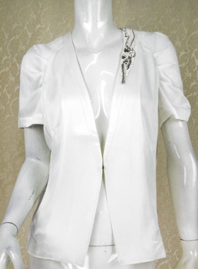 100元2件!蕾DOW 褶皱短袖钉珠短外套百搭白色外披空调衫 BA16207