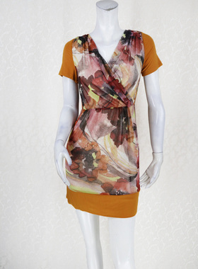 100元2件!ZOKO倬可儿 斜襟细橡筋腰印花针织拼接连衣裙L0133