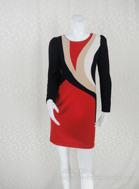 140元2件!钡SION 正品女秋冬羊毛毛呢不对称拼色连衣裙W307G
