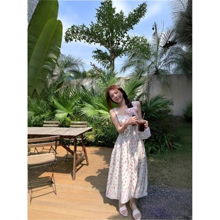 初戀A字吊帶連衣裙女春夏休閑長裙女裝 古典玫瑰裙花邊修身 實拍