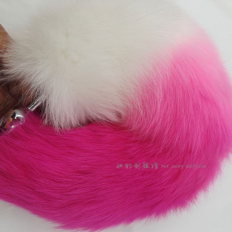 妖艳玫红白渐变狐狸尾巴肛塞毛茸茸蓬松超大巨粗妖兽尾磁吸绑腰带