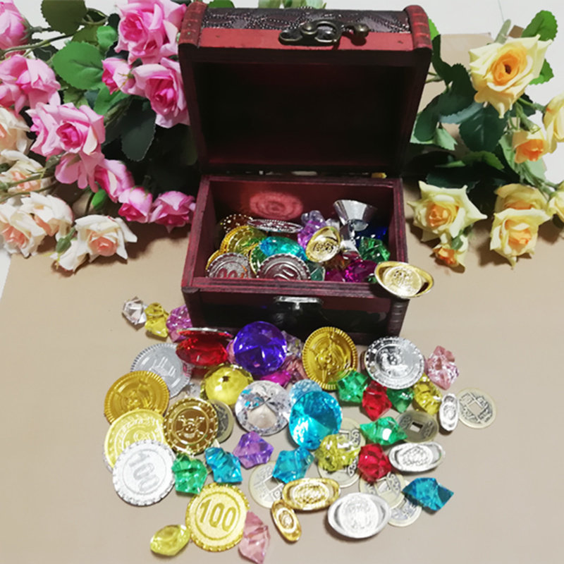 小孩寻宝海盗金银财宝箱小朋友钻石元宝金币银币儿童水晶珠宝玩具