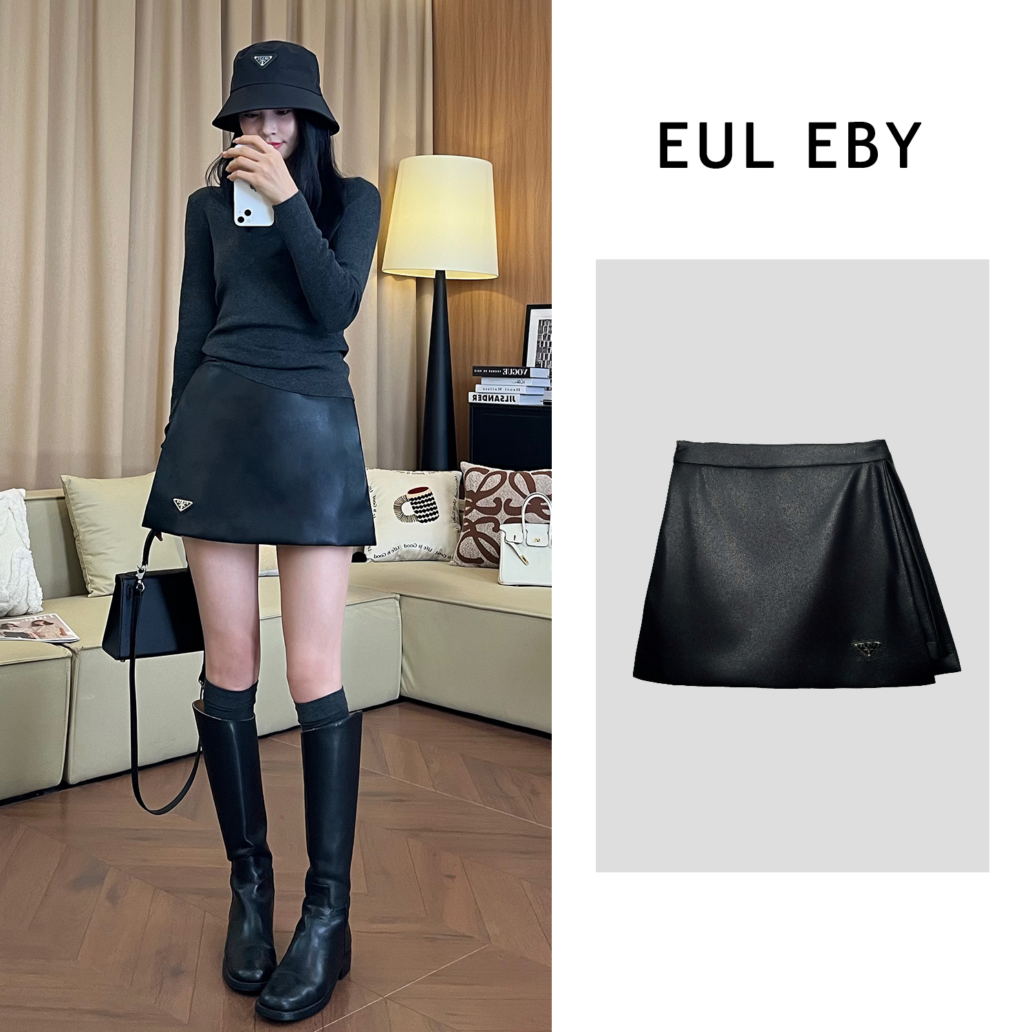 EUL EBY三角标高腰半身裙女秋季新款气质两面侧开皮裤裙子251416#
