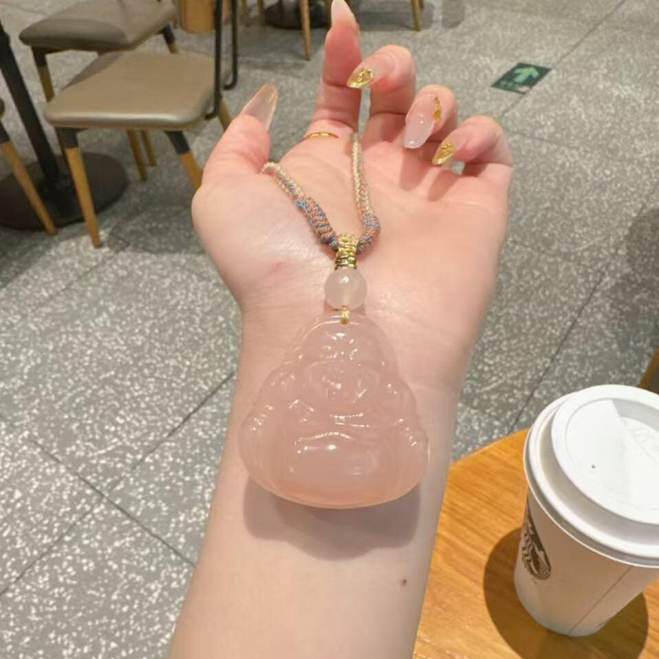 天然玉佛双面弥勒佛公吊坠冰藕粉色笑佛玉石项链挂件毛衣链送女友