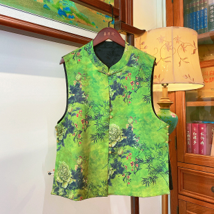 新中式 两面可穿马夹坎肩 国风绿色缎面提花马甲背心女2026春新款