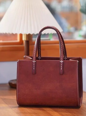 横款琴谱包 MBOX植鞣牛皮菜篮子手提包 手工皮具蜡线缝真皮女包包