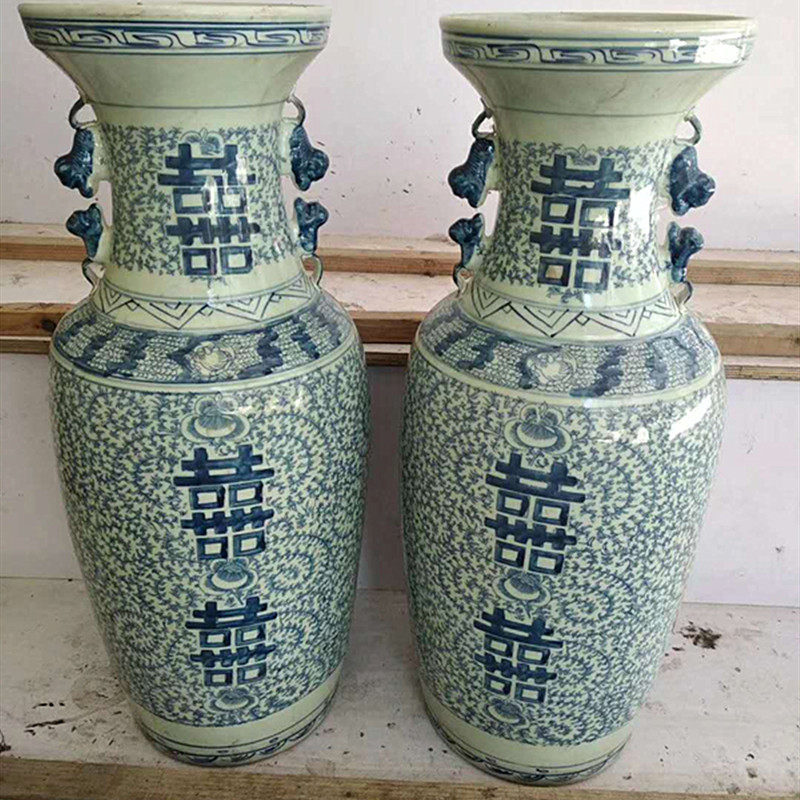 古玩瓷器做旧喜字双耳家居装饰
