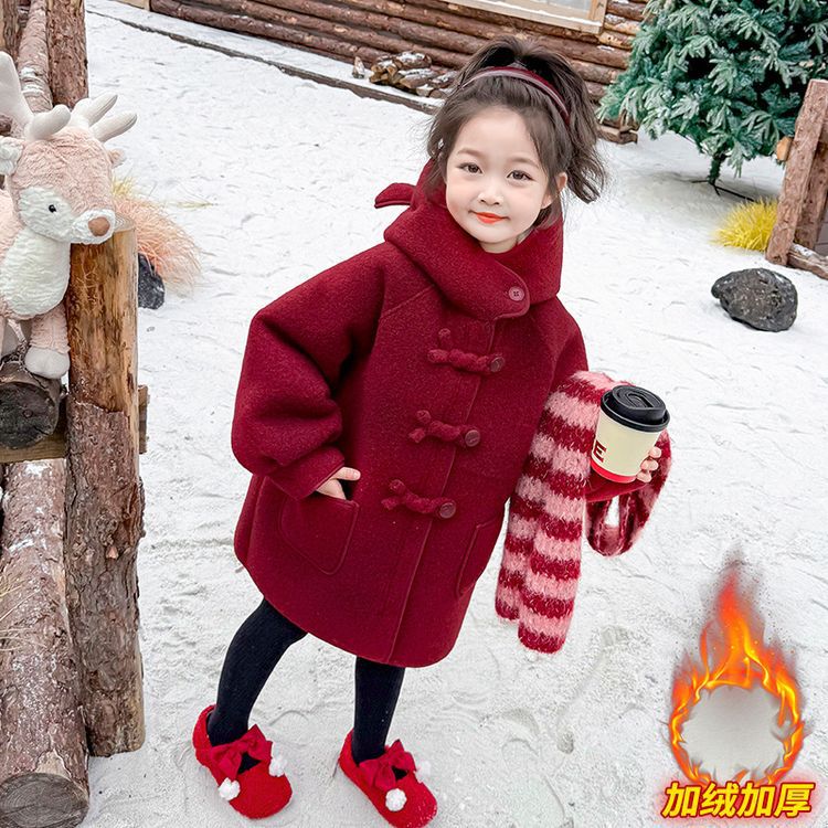 女童加绒红色毛呢大衣秋冬新年装