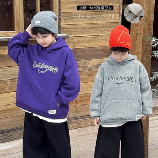 90-150CM男童冬季新款美式字母印花贴标加绒加厚连帽宽松儿童卫衣