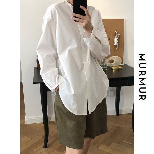 低圆领下摆开叉全棉白衬衫春新品