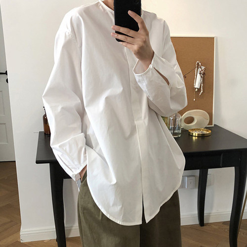 低圆领下摆开叉全棉白衬衫春新品