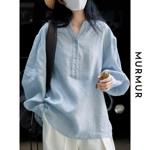 MURMUR宽松日系套头长袖亚麻衬衫