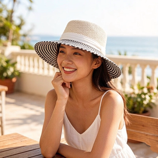 大檐遮阳帽女夏季 复古草帽黑白撞色通勤度假 防晒帽法式