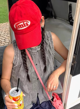 韩国amis红色棒球帽女生大头围宽檐显脸小深顶鸭舌帽男款